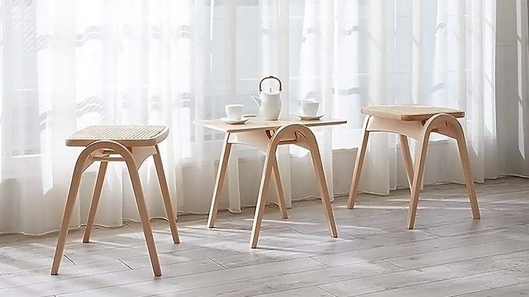 Akita Mokko_ wooden side table and rattan stools