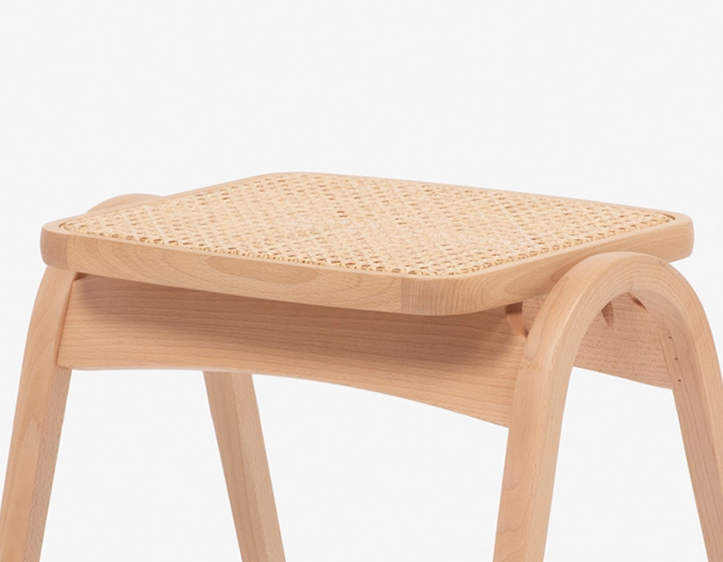 Rattan model of stacking bentwood stool designed by Isamu Kenmochi commemorating the 60th anniversary