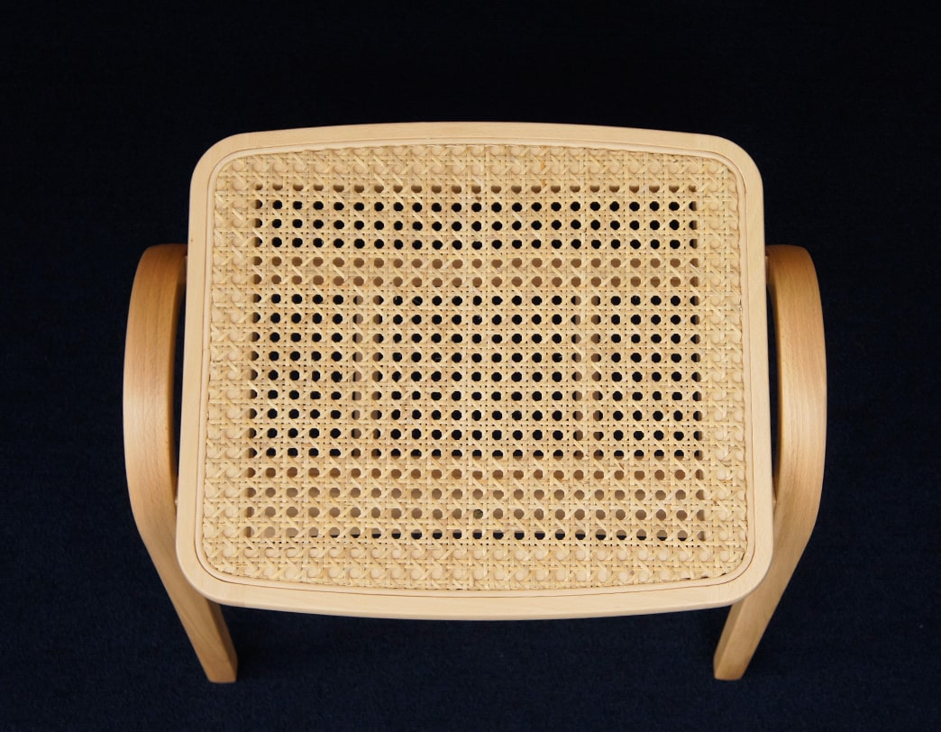 Rattan model of stacking bentwood stool designed by Isamu Kenmochi commemorating the 60th anniversary