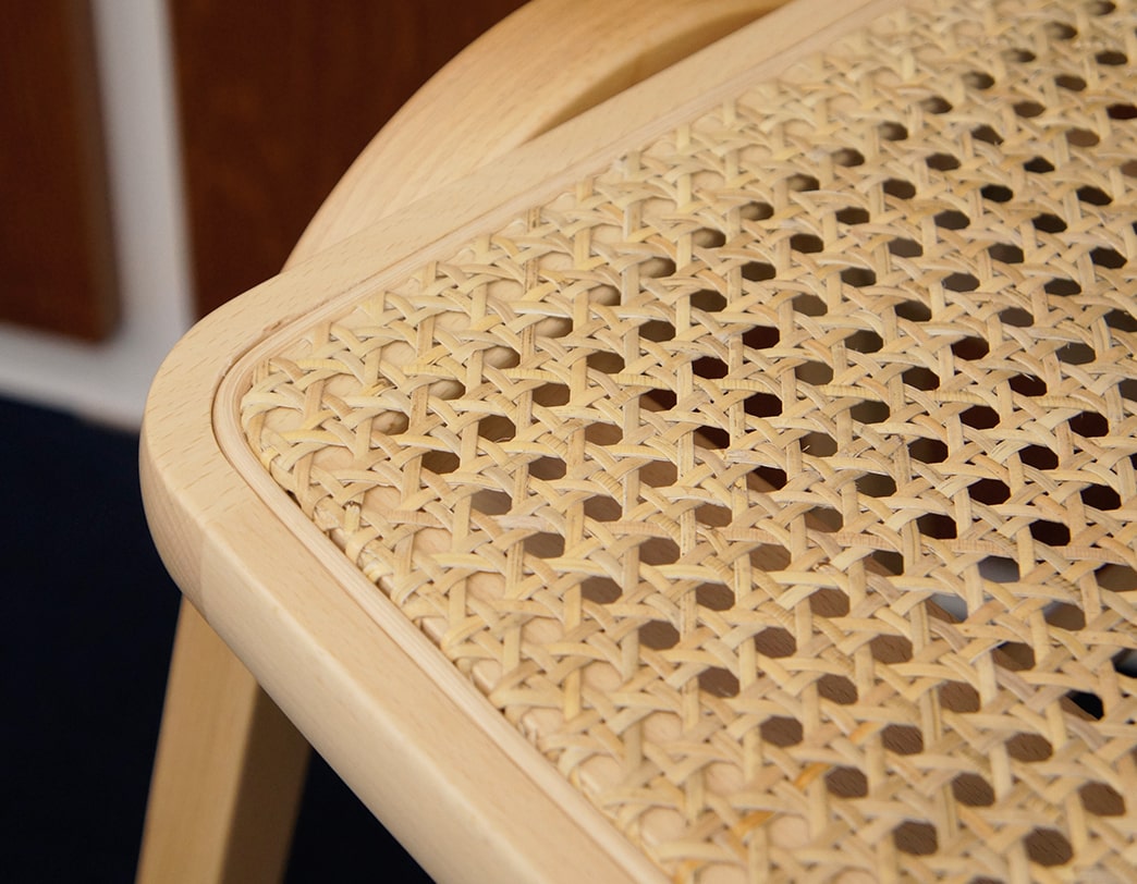 Rattan model of stacking bentwood stool designed by Isamu Kenmochi commemorating the 60th anniversary