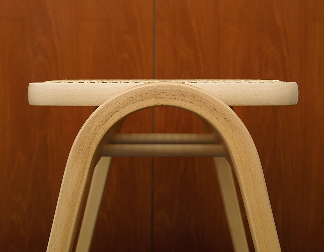Rattan model of stacking bentwood stool designed by Isamu Kenmochi commemorating the 60th anniversary