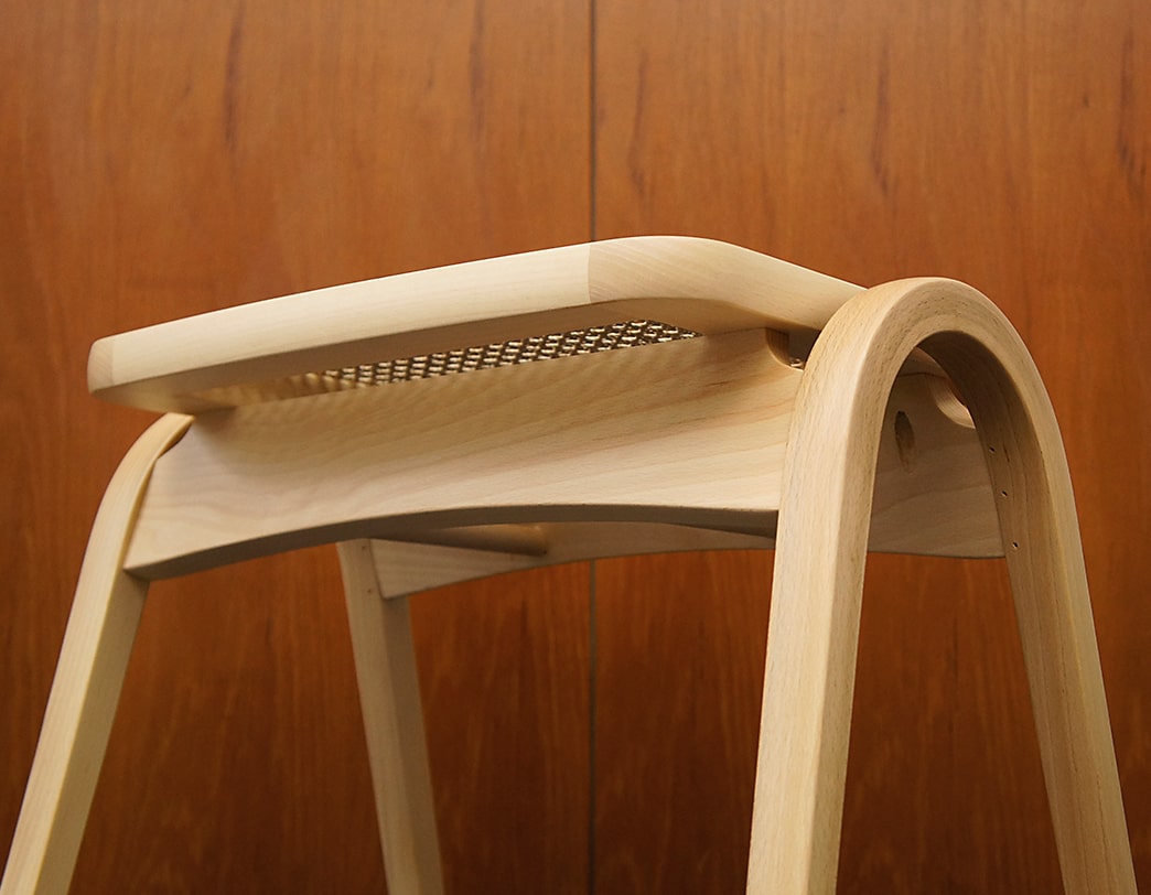 Rattan model of stacking bentwood stool designed by Isamu Kenmochi commemorating the 60th anniversary