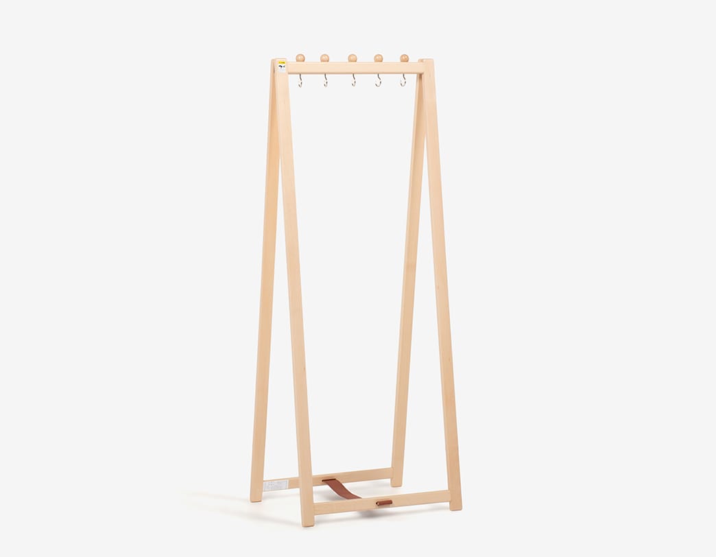 Foldable wooden hanger rack with leather-accented belt