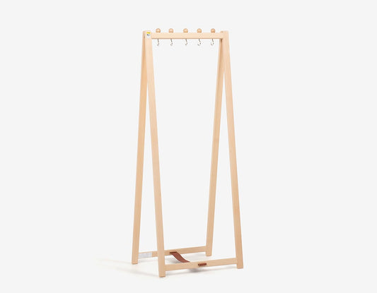 Foldable wooden hanger rack with leather-accented belt