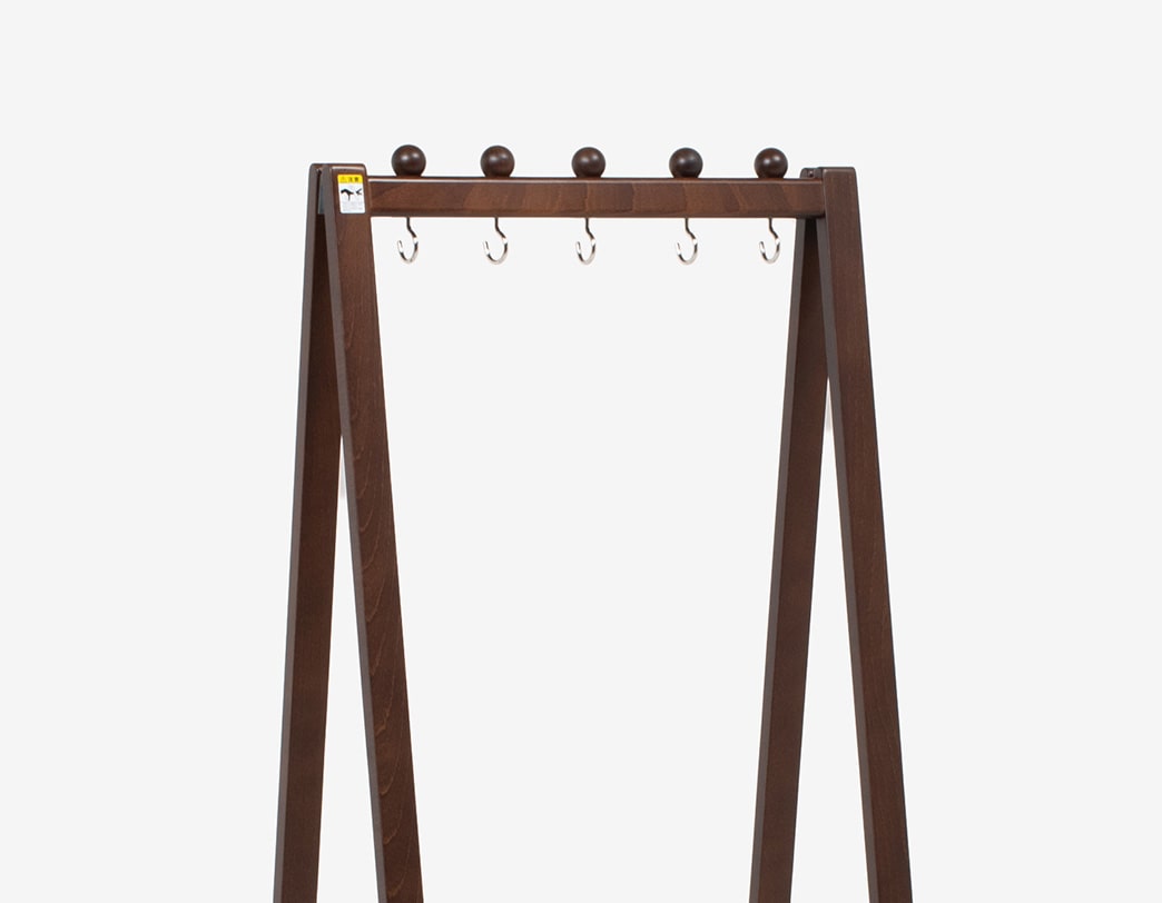 Foldable wooden hanger rack with leather-accented belt