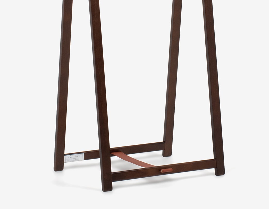 Foldable wooden hanger rack with leather-accented belt
