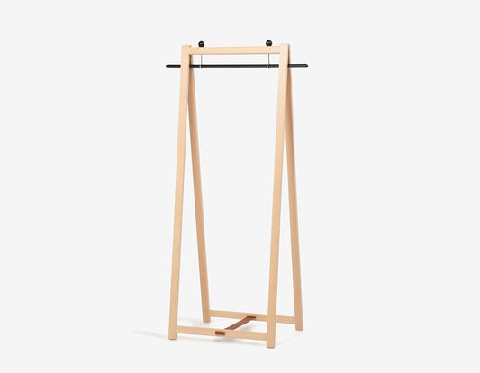Foldable wooden hanger rack with leather-accented belt