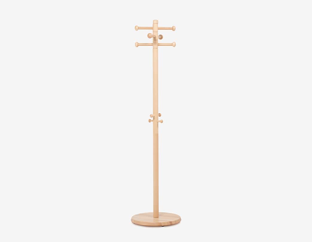 Solid beech wood hanger rack with adjustable feet designed by Isamu Kenmochi
