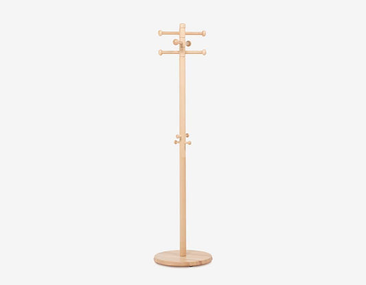 Solid beech wood hanger rack with adjustable feet designed by Isamu Kenmochi
