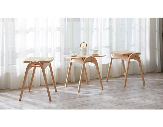 Redesigned tea table based on Isamu Kenmochi's Stool No.202 and rattan stool, featuring bentwood construction and hand-finished beech wood surface