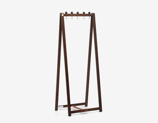 Foldable wooden hanger rack with leather-accented belt