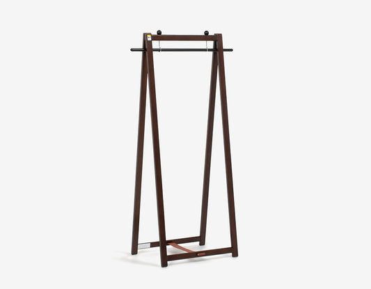 Foldable wooden hanger rack with leather-accented belt