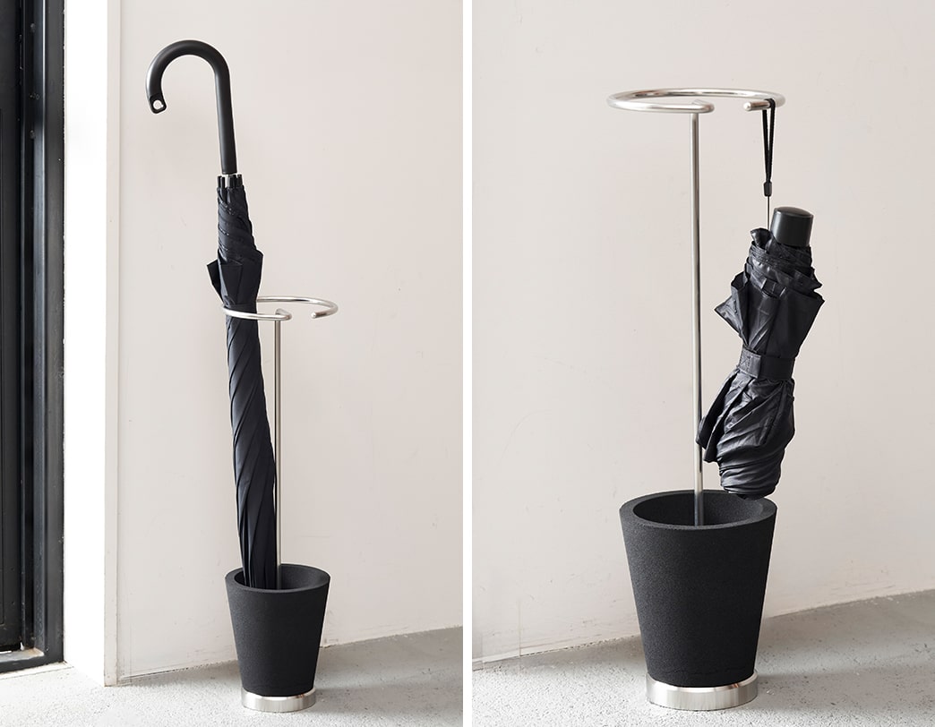 Sustainable umbrella stand made of stainless steel and recycled resin